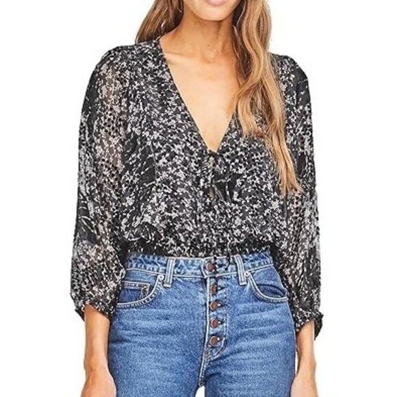 Astr Tops - ASTR the label Velvet Burnout Shawna Abstract Velvet Cropped Sheer Floral Top S